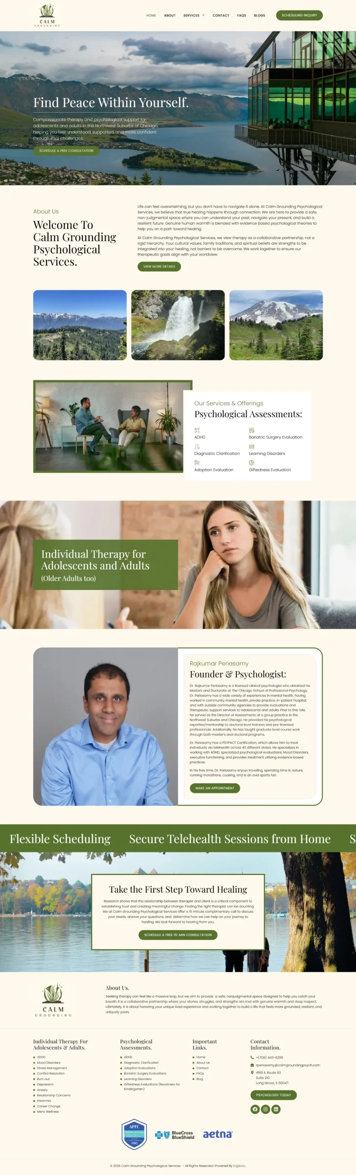 Calm Grounding Psychological Services website showcasing therapy services, psychological assessments, and consultation options in Chicago’s Northwest Suburbs.