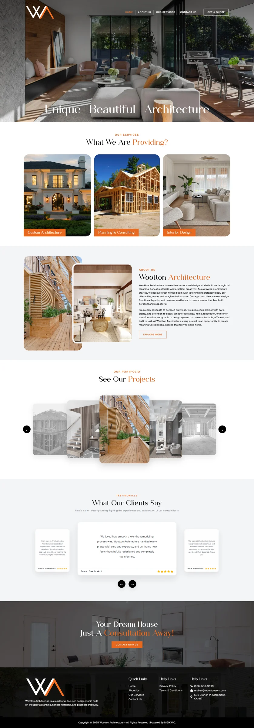 Wootton Architecture homepage featuring residential architecture services, project imagery, and a Get a Quote call to action.