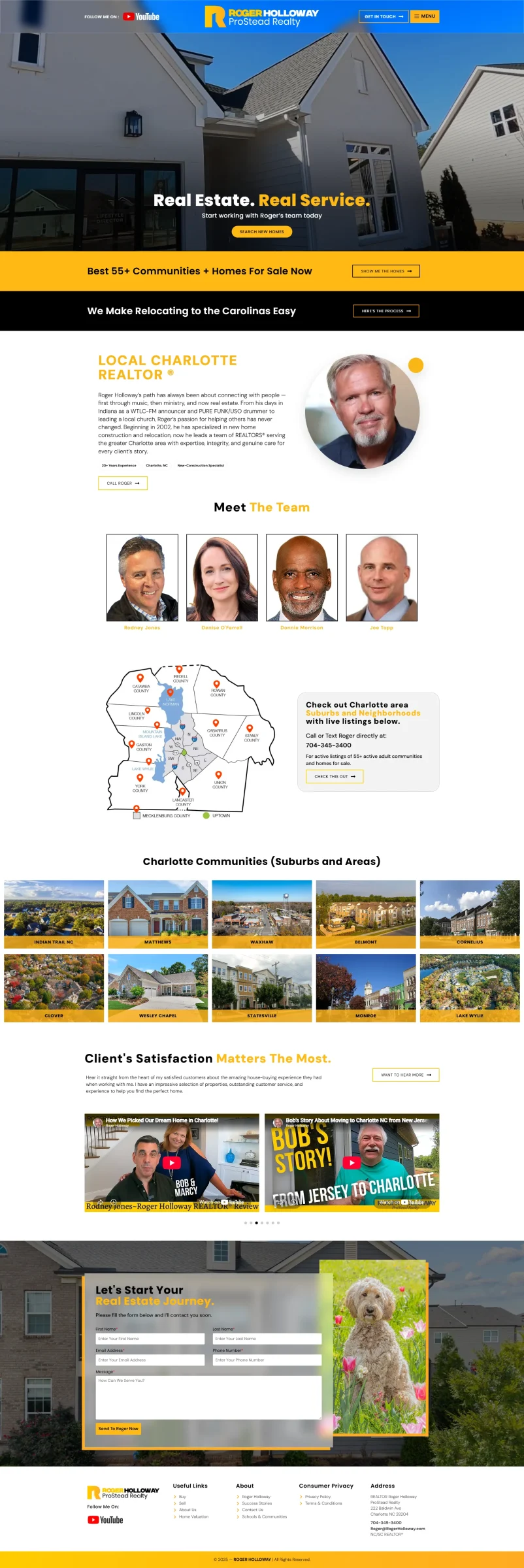 Roger Holloway real estate homepage featuring Charlotte property listings, agent information, and links to home search and community resources.